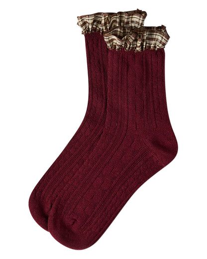 Women's Wool Blend Plaid Ruffle-Cuff Chain Stitch Crew Sock