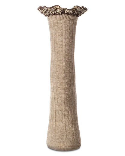 Women's Wool Blend Plaid Ruffle-Cuff Chain Stitch Crew Sock : Color: Burgundy