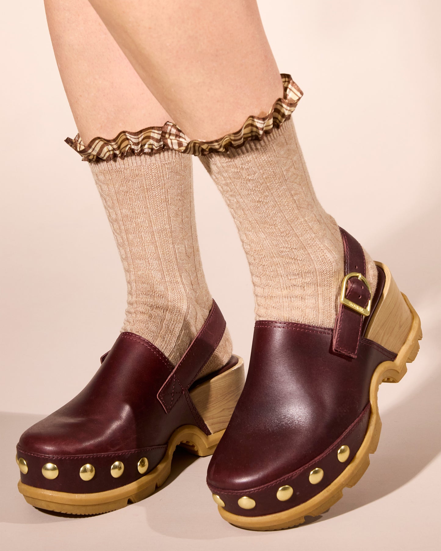 Women's Wool Blend Plaid Ruffle-Cuff Chain Stitch Crew Sock