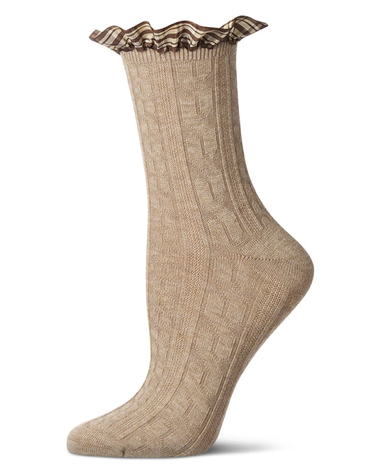 Women's Wool Blend Plaid Ruffle-Cuff Chain Stitch Crew Sock : Color: Taupe