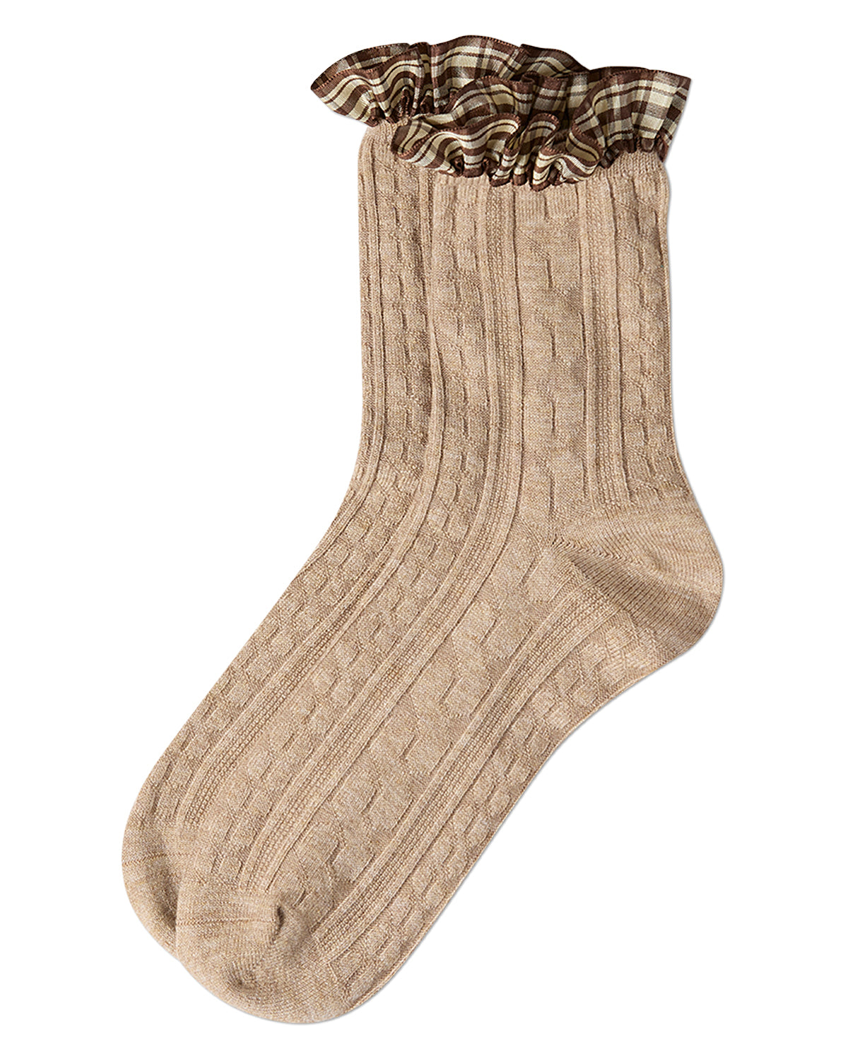 Women's Wool Blend Plaid Ruffle-Cuff Chain Stitch Crew Sock