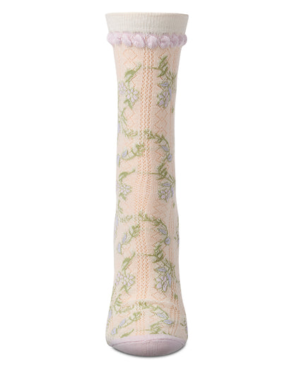 Women's "Pastel Floral Vine" Cotton-Rich Pointelle Crew Sock