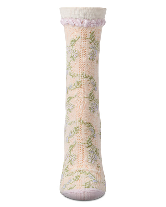 Women's "Pastel Floral Vine" Cotton-Rich Pointelle Crew Sock