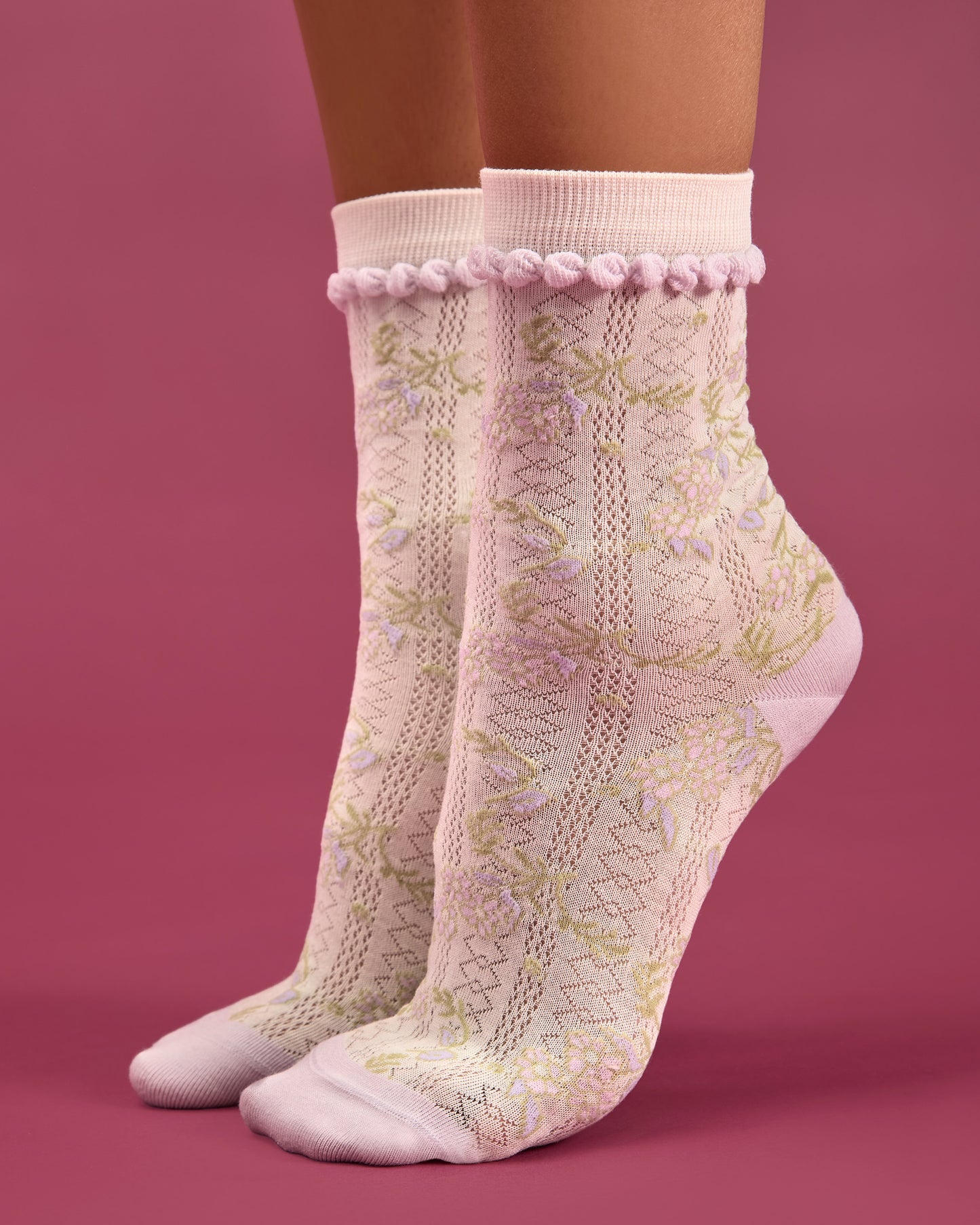 Women's "Pastel Floral Vine" Cotton-Rich Pointelle Crew Sock