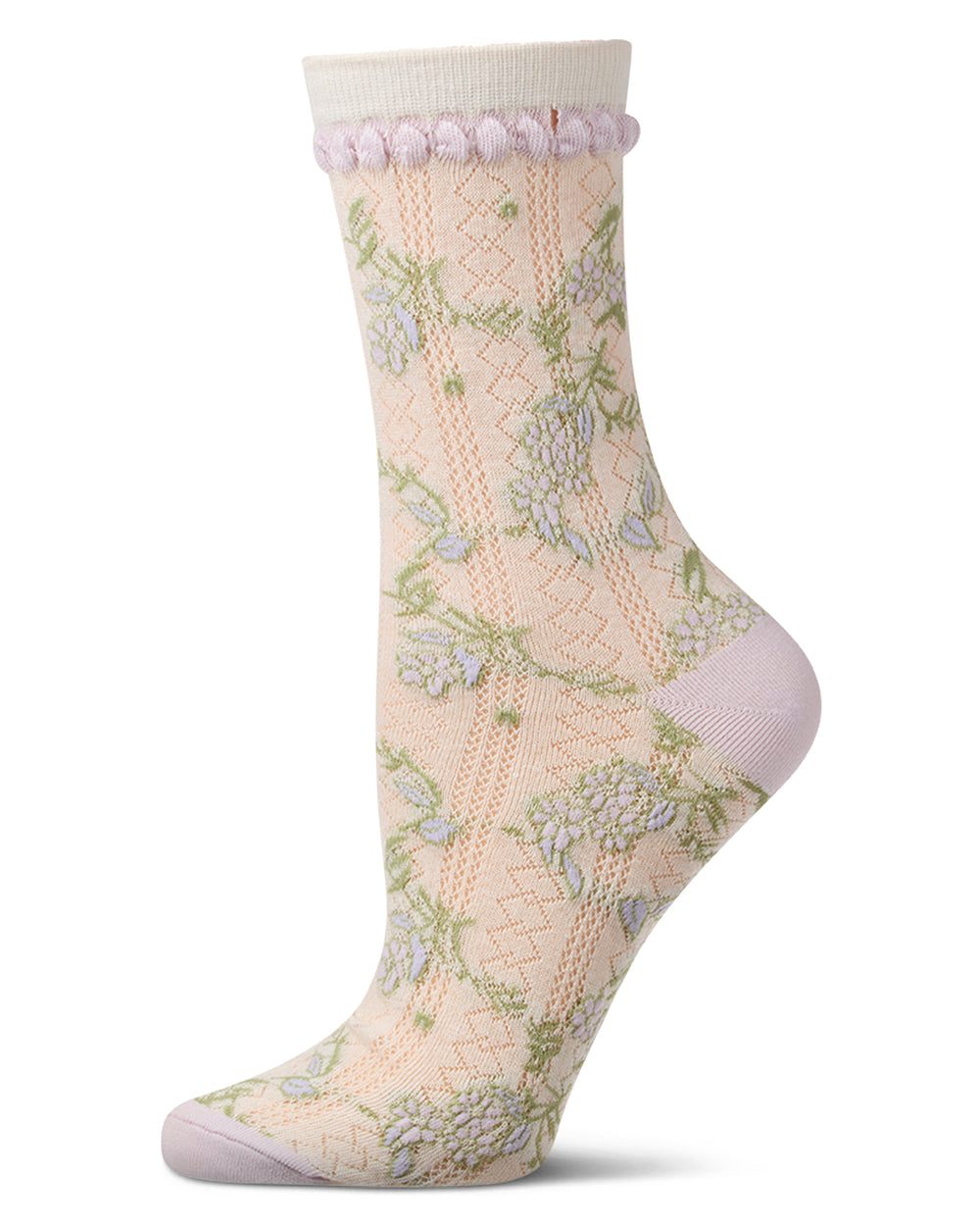 Women's "Pastel Floral Vine" Cotton-Rich Pointelle Crew Sock