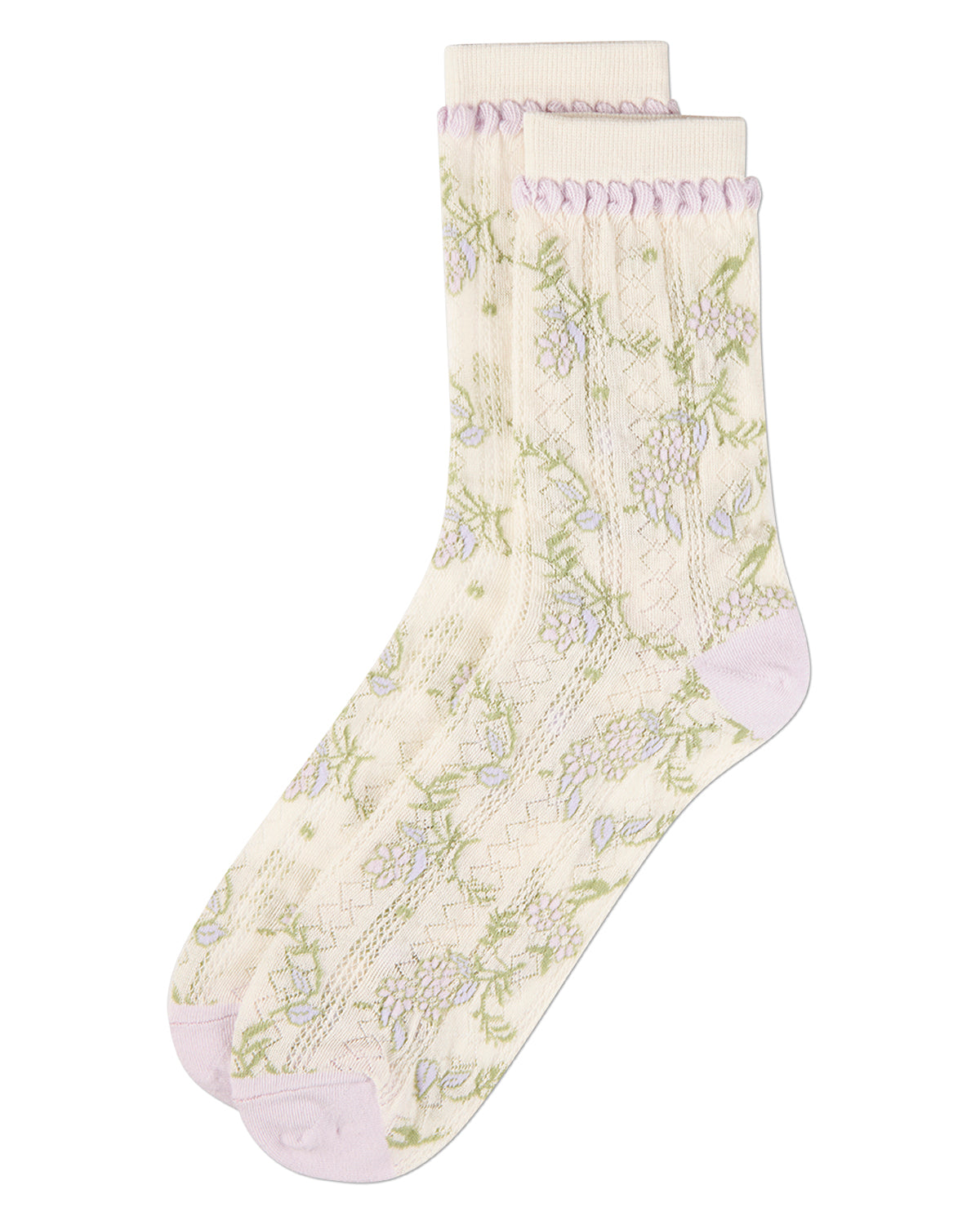 Women's "Pastel Floral Vine" Cotton-Rich Pointelle Crew Sock