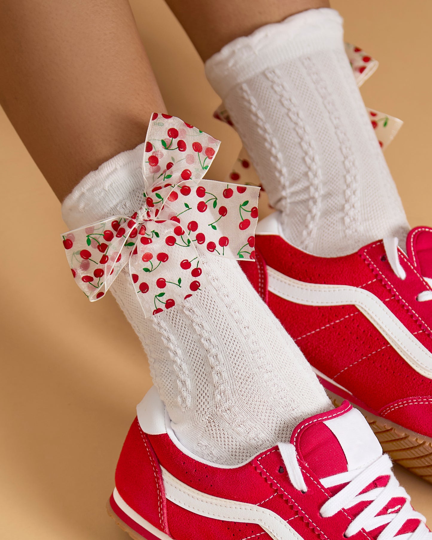 Women's Cable-Knit Cotton-Rich Crew Sock with Cherry-Print Bow