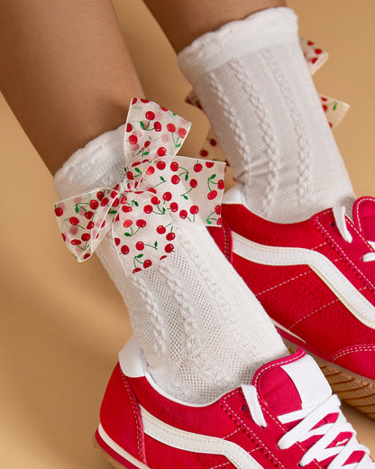 Women's Cable-Knit Cotton-Rich Crew Sock with Cherry-Print Bow
