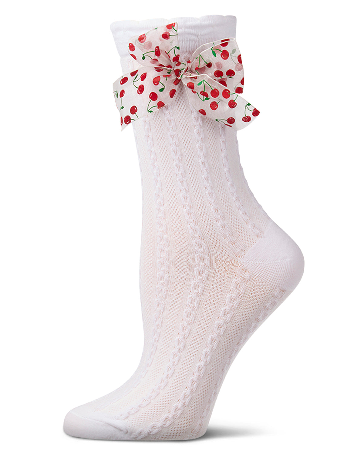 Women's Cable-Knit Cotton-Rich Crew Sock with Cherry-Print Bow