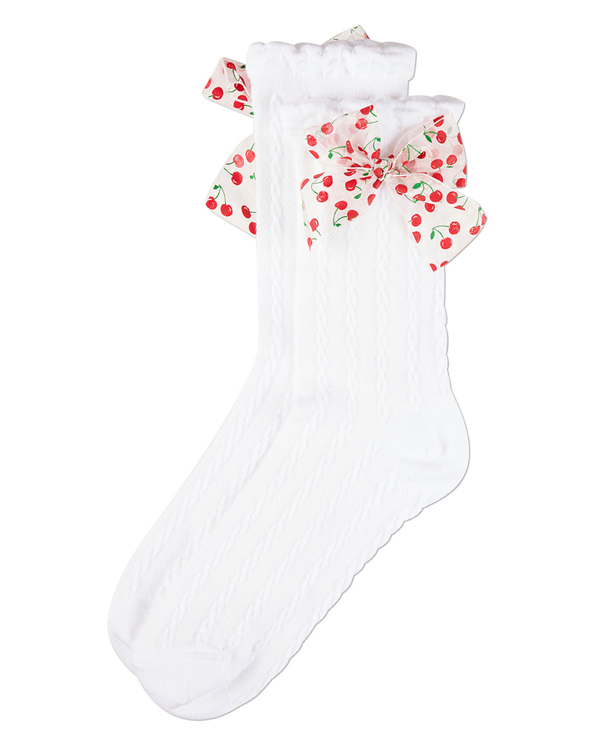 Women's Cable-Knit Cotton-Rich Crew Sock with Cherry-Print Bow