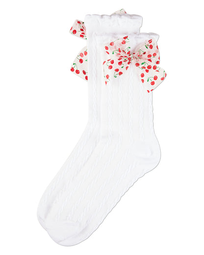 Women's Cable-Knit Cotton-Rich Crew Sock with Cherry-Print Bow
