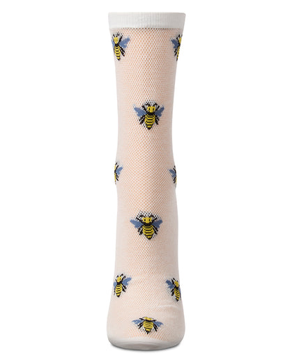 Women's Bee-Themed Mesh Cotton-Rich Novelty Crew Sock