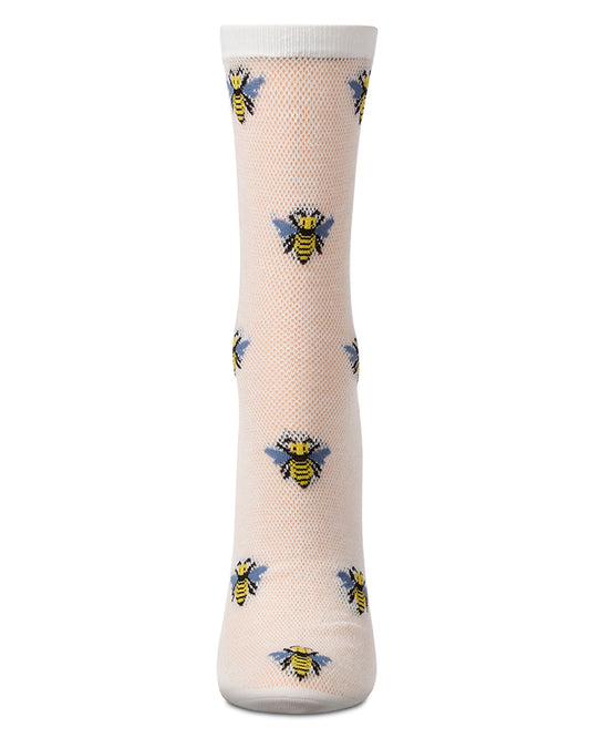 Women's Bee-Themed Mesh Cotton-Rich Novelty Crew Sock