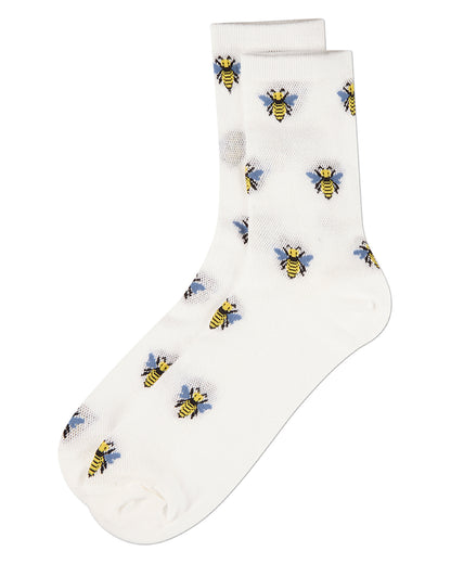 Women's Bee-Themed Mesh Cotton-Rich Novelty Crew Sock