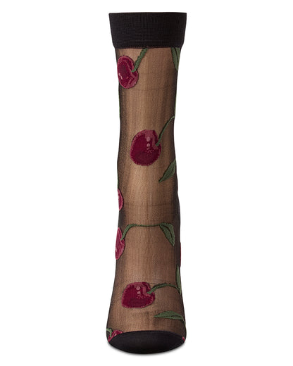 Women's Silky-Sheer Cherry-Themed Fashion Crew Sock