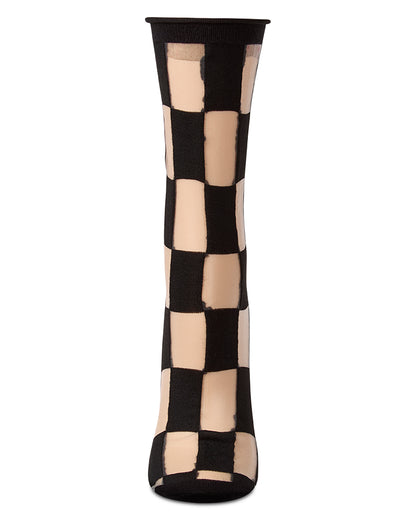 Women's Sheer Checkerboard-Pattern Cotton-Blend Crew Sock