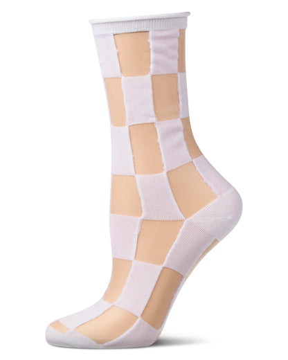 Women's Sheer Checkerboard-Pattern Cotton-Blend Crew Sock