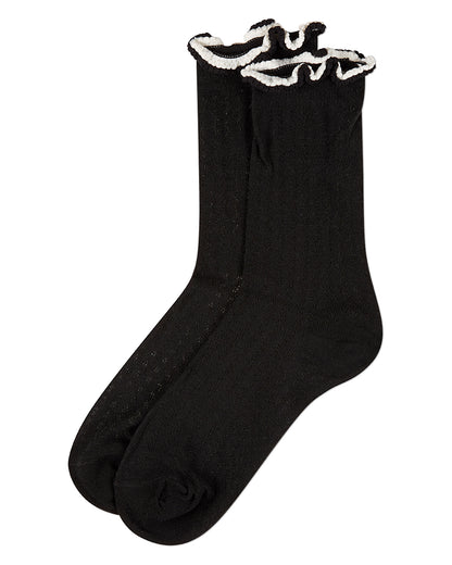 Women's 2-Tone Ruffle-Top Ribbed Fashion Crew Sock