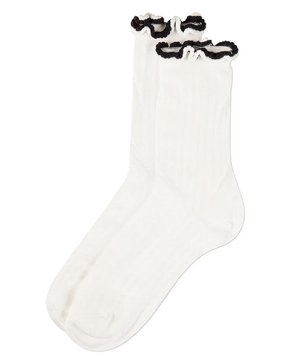 Women's 2-Tone Ruffle-Top Ribbed Fashion Crew Sock