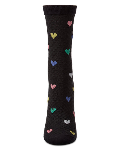 Women's "Colorful Hearts" Cotton-Rich Popcorn-Stitch Crew Sock