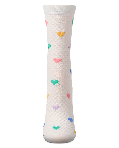 Women's "Colorful Hearts" Cotton-Rich Popcorn-Stitch Crew Sock