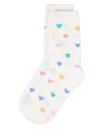 Women's "Colorful Hearts" Cotton-Rich Popcorn-Stitch Crew Sock