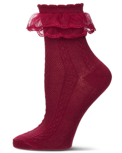 Women's Frilly-Trim Cotton-Rich Cable-Knit Fashion Crew Sock
