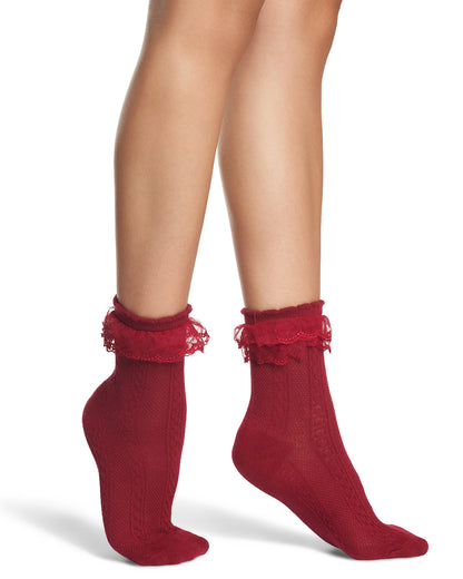 Women's Frilly-Trim Cotton-Rich Cable-Knit Fashion Crew Sock