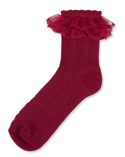 Women's Frilly-Trim Cotton-Rich Cable-Knit Fashion Crew Sock
