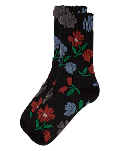 Women's Puckered-Cuff Floral-Print Cotton-Rich Crew Sock