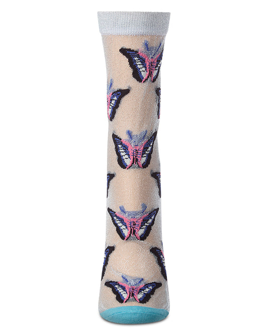 Women's Butterfly-Graphic Metallic Cotton-Blend Sheer Crew Sock
