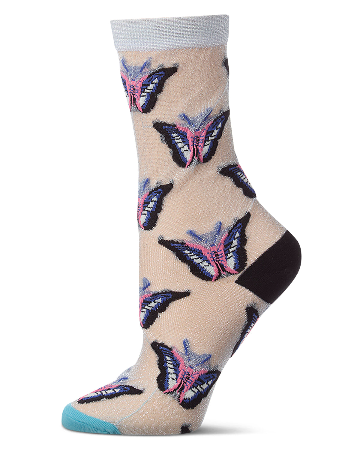Women's Butterfly-Graphic Metallic Cotton-Blend Sheer Crew Sock