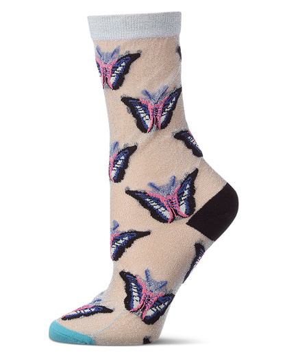 Women's Butterfly-Graphic Metallic Cotton-Blend Sheer Crew Sock