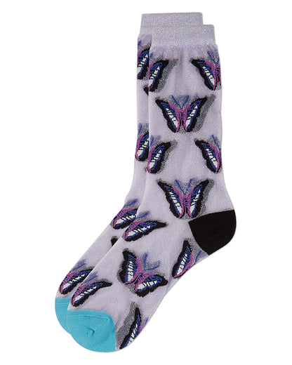 Women's Butterfly-Graphic Metallic Cotton-Blend Sheer Crew Sock