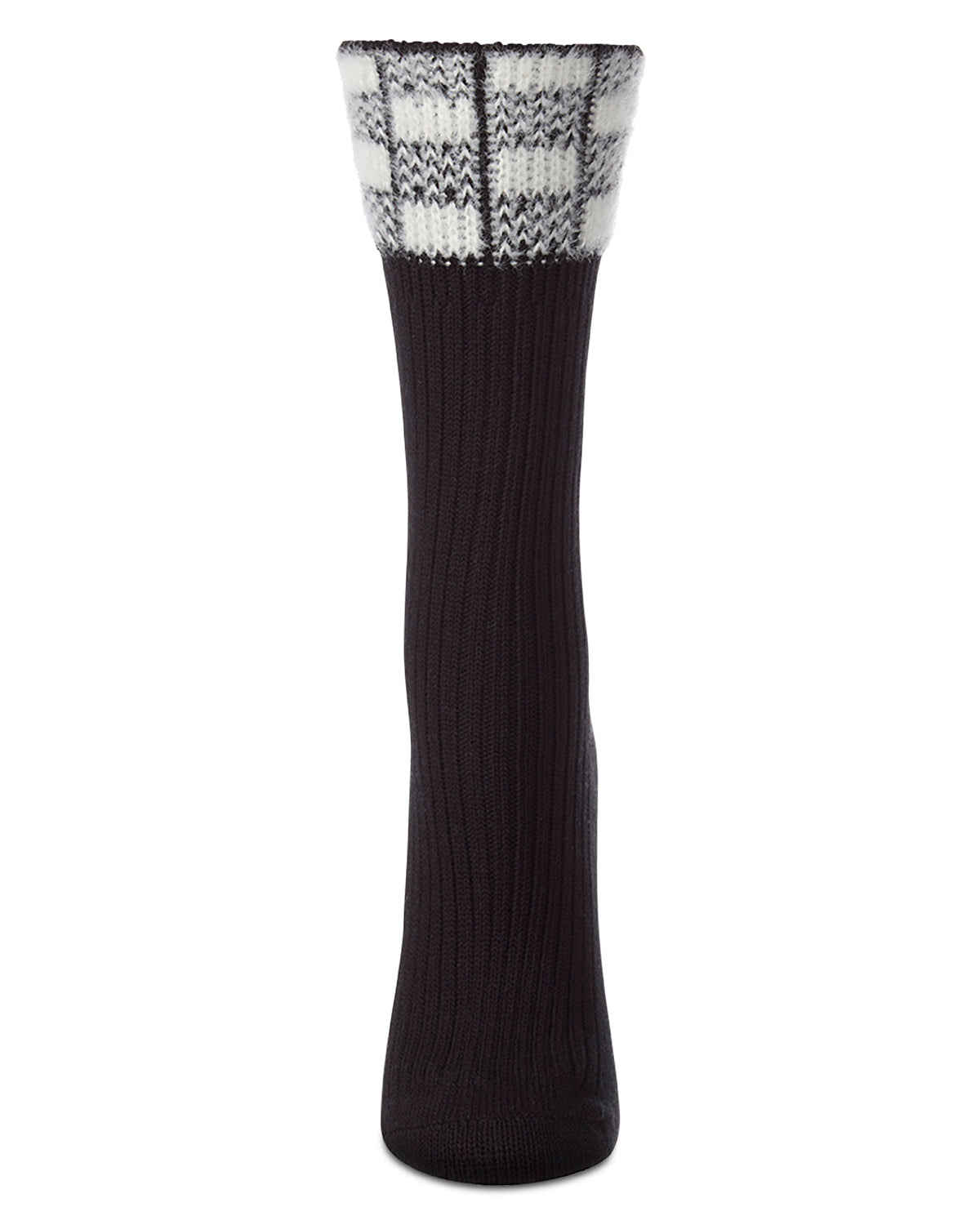 Women's Fuzzy Checkered-Cuff Cotton-Rich Ribbed Crew Sock