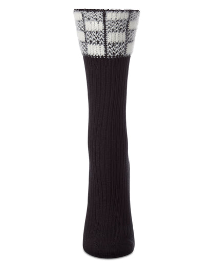 Women's Fuzzy Checkered-Cuff Cotton-Rich Ribbed Crew Sock