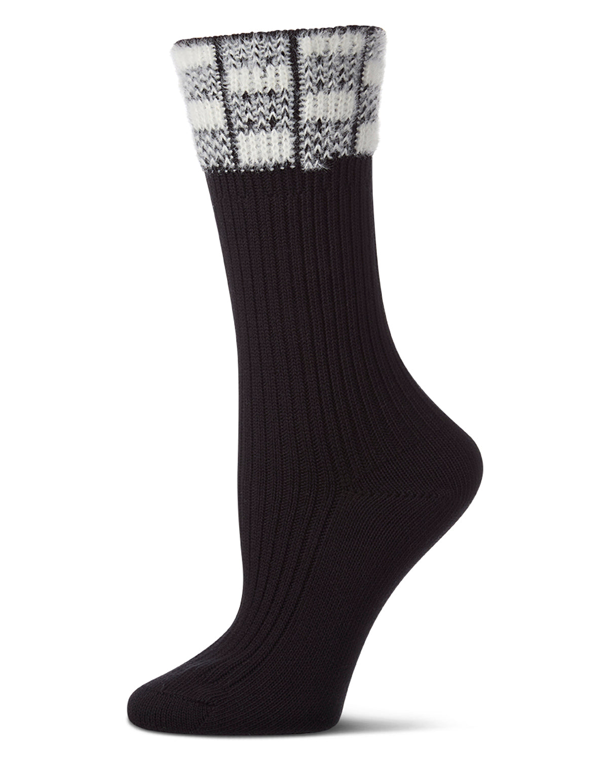 Women's Fuzzy Checkered-Cuff Cotton-Rich Ribbed Crew Sock