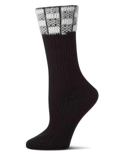 Women's Fuzzy Checkered-Cuff Cotton-Rich Ribbed Crew Sock