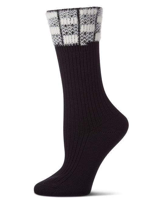 Women's Fuzzy Checkered-Cuff Cotton-Rich Ribbed Crew Sock