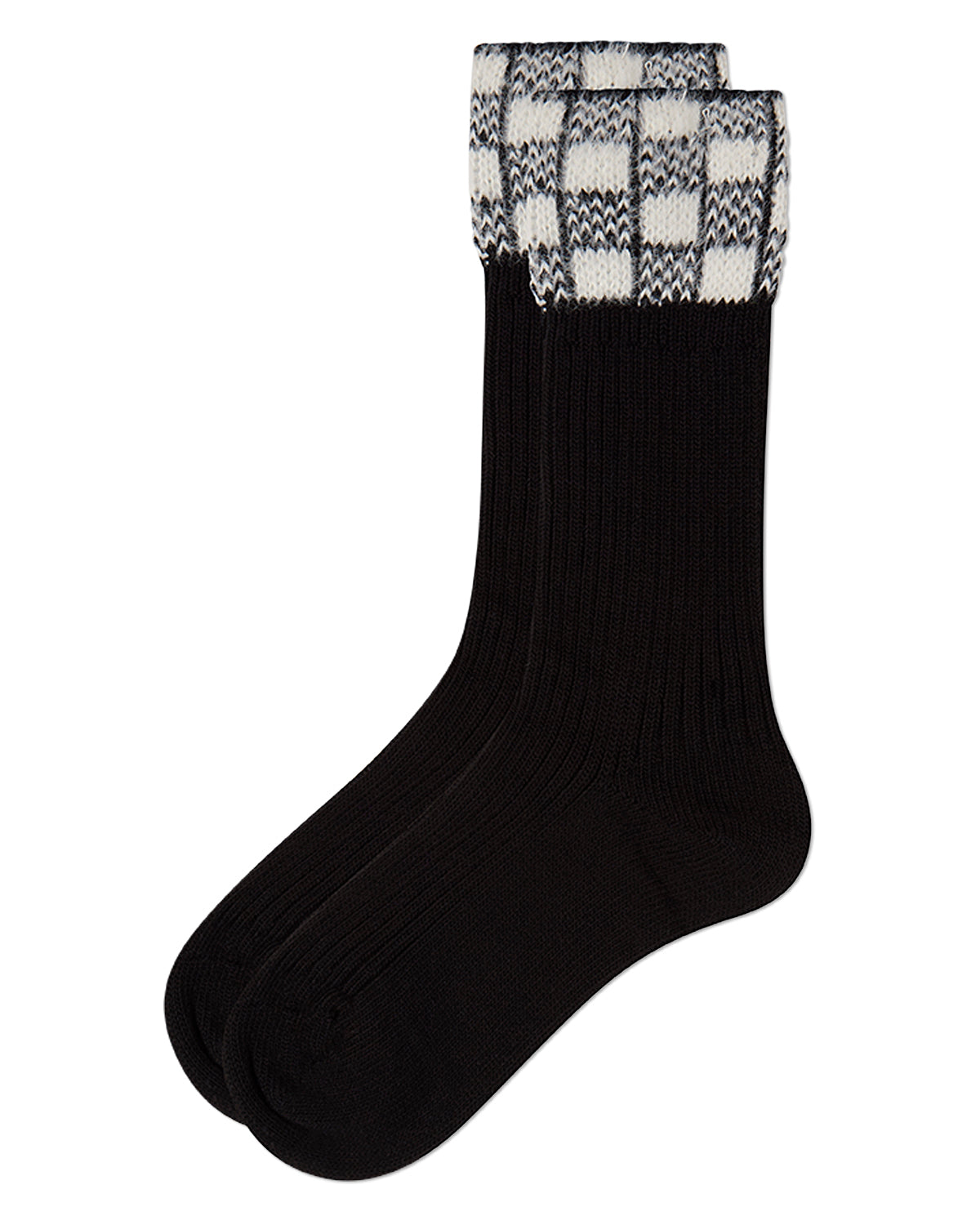 Women's Fuzzy Checkered-Cuff Cotton-Rich Ribbed Crew Sock