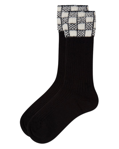 Women's Fuzzy Checkered-Cuff Cotton-Rich Ribbed Crew Sock