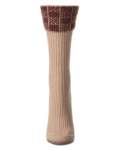Women's Fuzzy Checkered-Cuff Cotton-Rich Ribbed Crew Sock