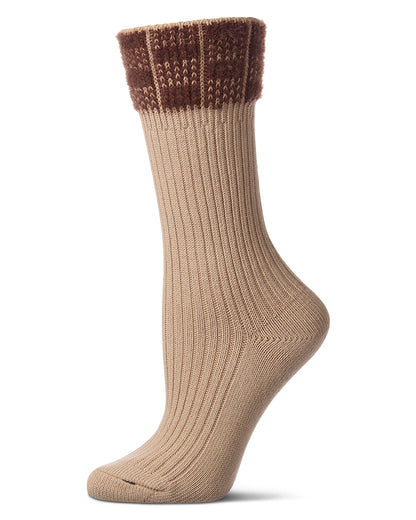 Women's Fuzzy Checkered-Cuff Cotton-Rich Ribbed Crew Sock