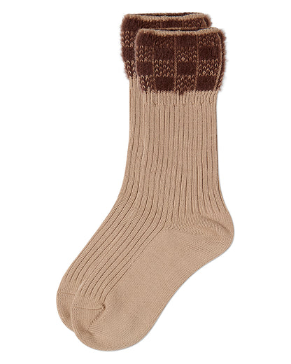Women's Fuzzy Checkered-Cuff Cotton-Rich Ribbed Crew Sock