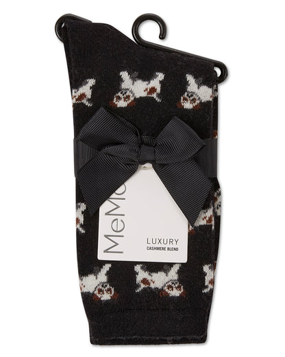Women's Playful Puppy Dogs Cashmere Blend Crew Sock : Color: Black