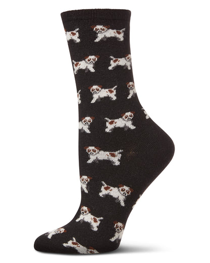 Women's Playful Puppy Dogs Cashmere Blend Crew Sock : Color: Black