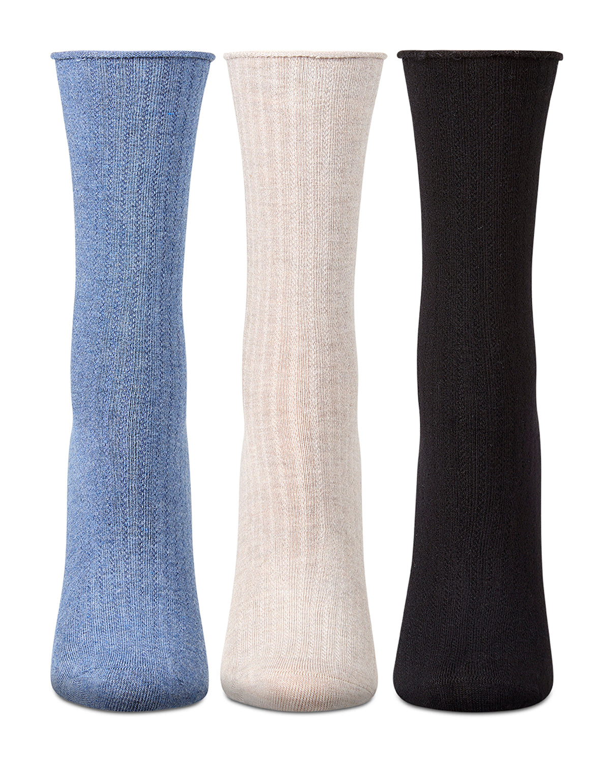 3 Pair Women's Silky-Soft Roll-Top Crew Socks : Color: Denim Heather Multi