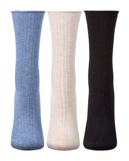 3 Pair Women's Silky-Soft Roll-Top Crew Socks : Color: Denim Heather Multi