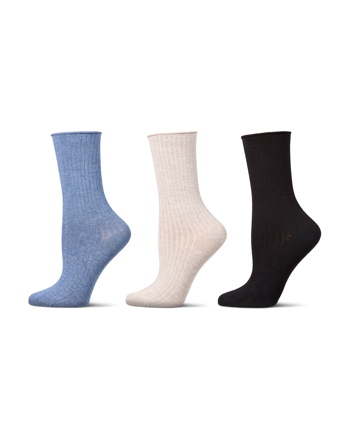 3 Pair Women's Silky-Soft Roll-Top Crew Socks : Color: Denim Heather Multi