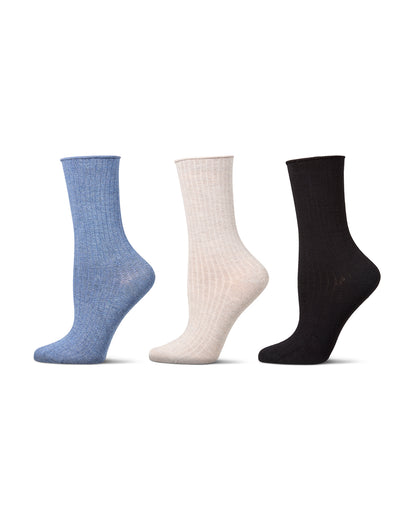 3 Pair Women's Silky-Soft Roll-Top Crew Socks : Color: Denim Heather Multi